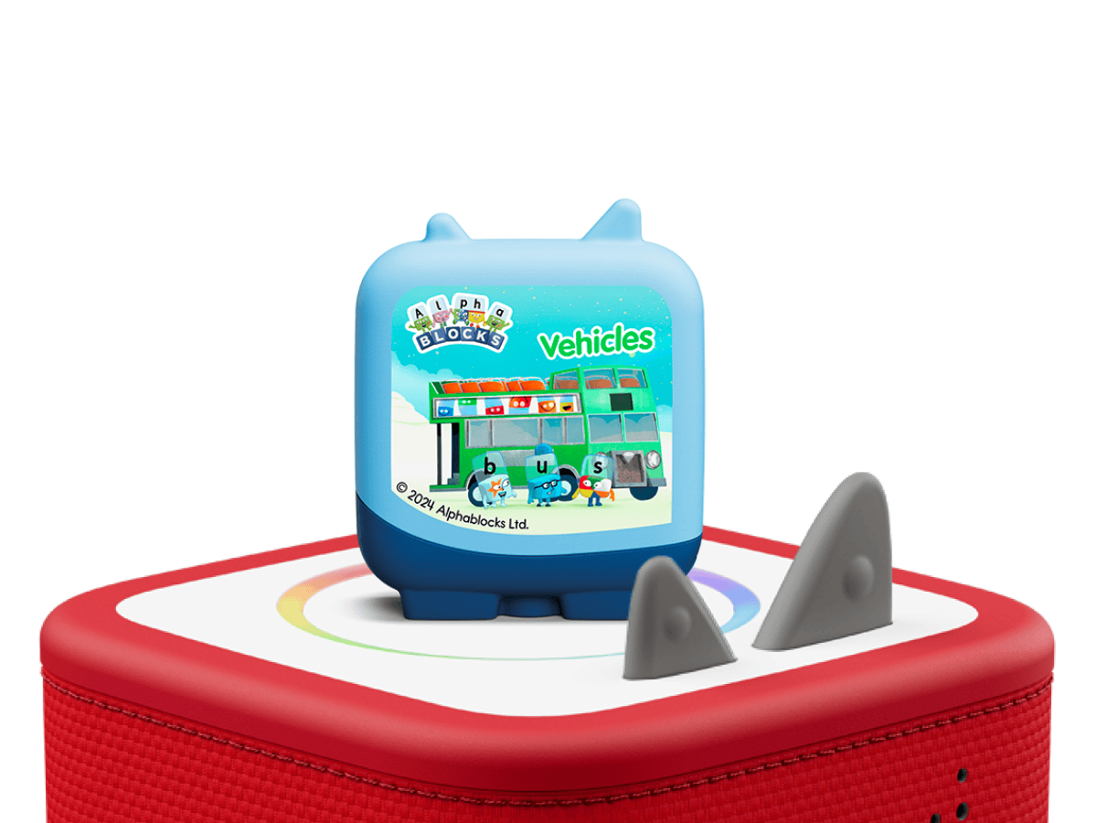 Alphablocks on a red Toniebox 2 ready to play audio stories and songs curated for kids