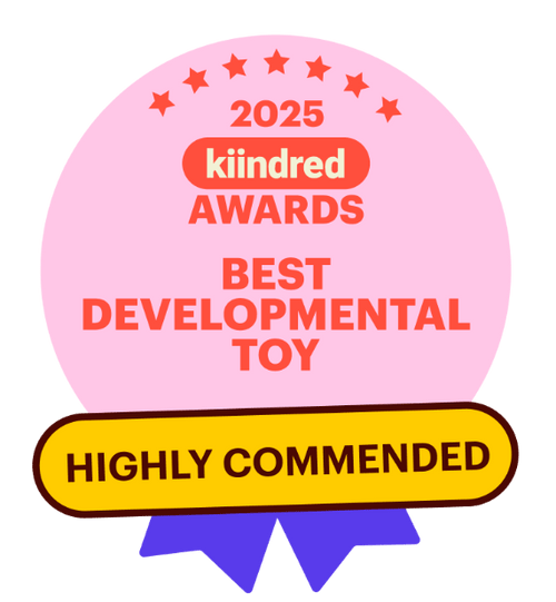 Award badge for 'Best Developmental Toy' and 'Highly Commended' in 2025 kiindred Awards on a pink and purple background.