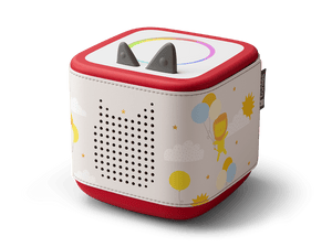 Side view of Toniebox 2 with lion, balloons, sun and clouds on it