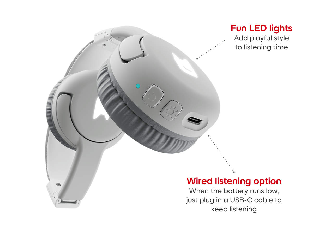 Close-up of ear pad on Moon gray bluetooth headphones for kids, showcasing the USB-C charger and pulsating LEDs light