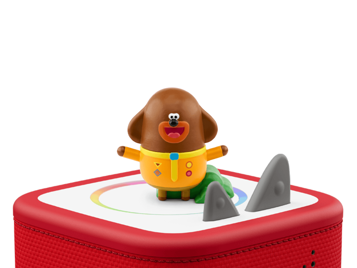Hey Duggee Tonie on a red Toniebox 2 ready to play audio stories and songs