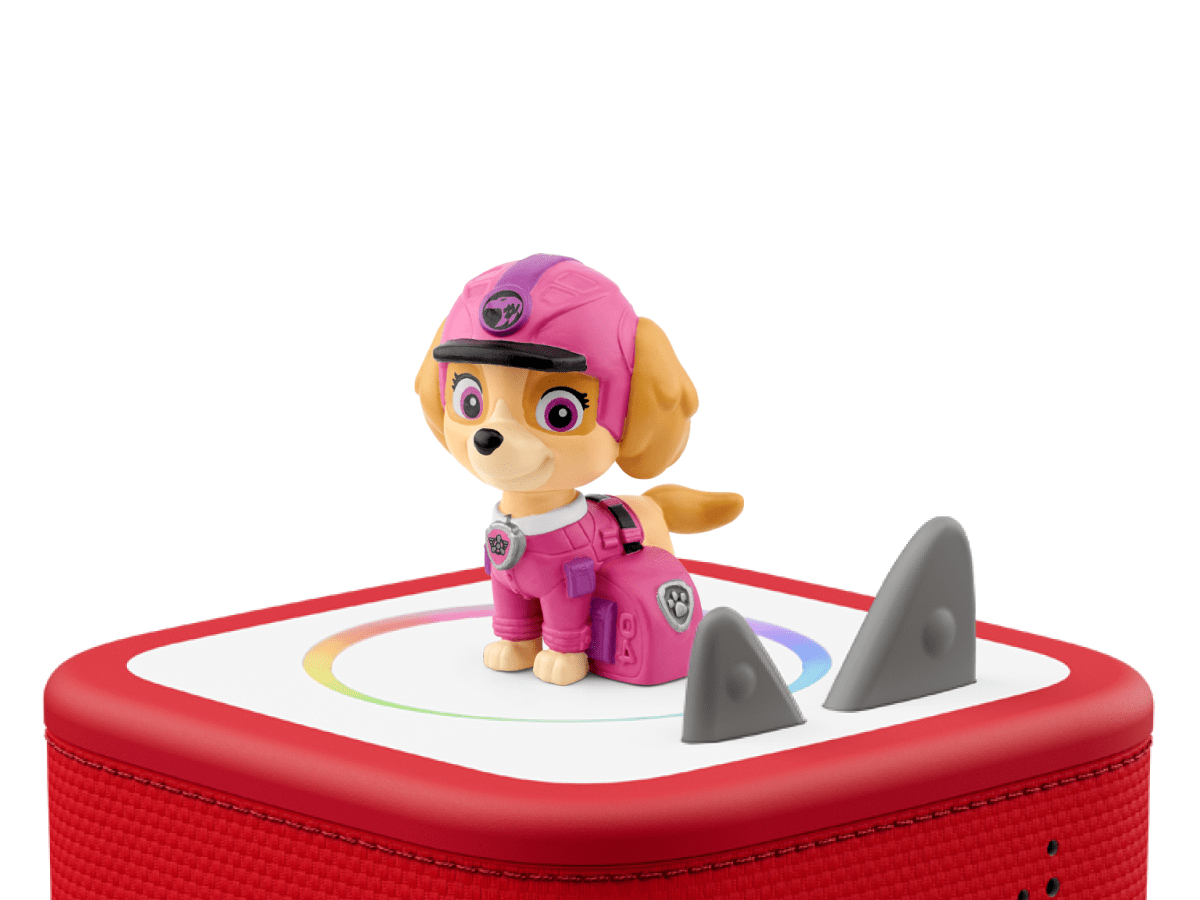 Jungle Pups Skye Tonie  on a red Toniebox 2 ready to play audio stories and songs