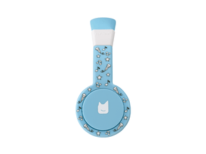 Side view of the blue wired headphones for kids with pulsating light illuminated