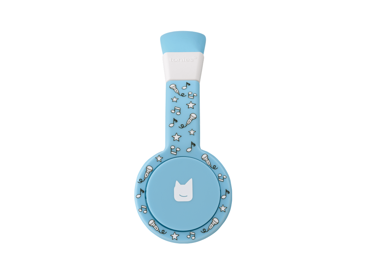 Side view of the blue wired headphones for kids with pulsating light illuminated