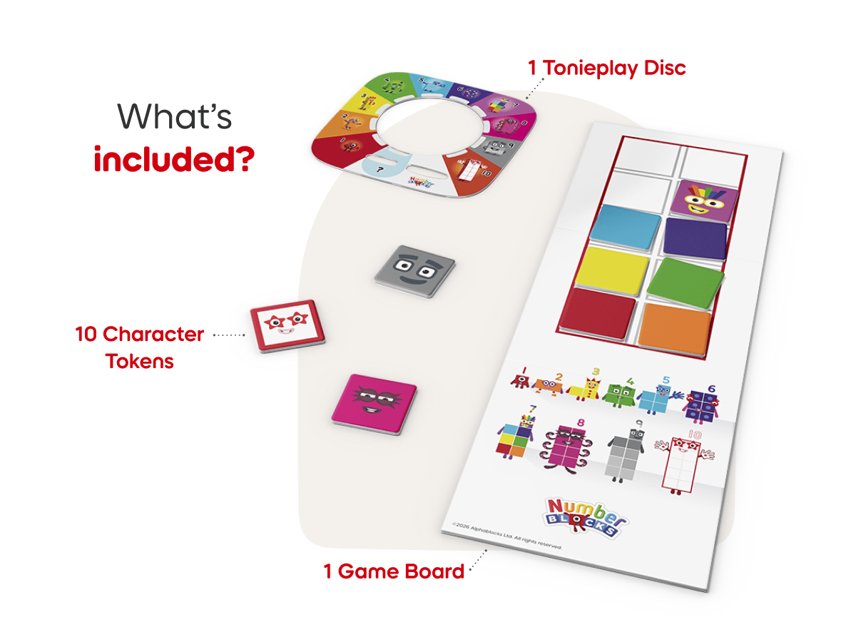Tonieplay Numberblocks Learning Adventures includes Tonieplay Disc, and game board with 10 character tokens