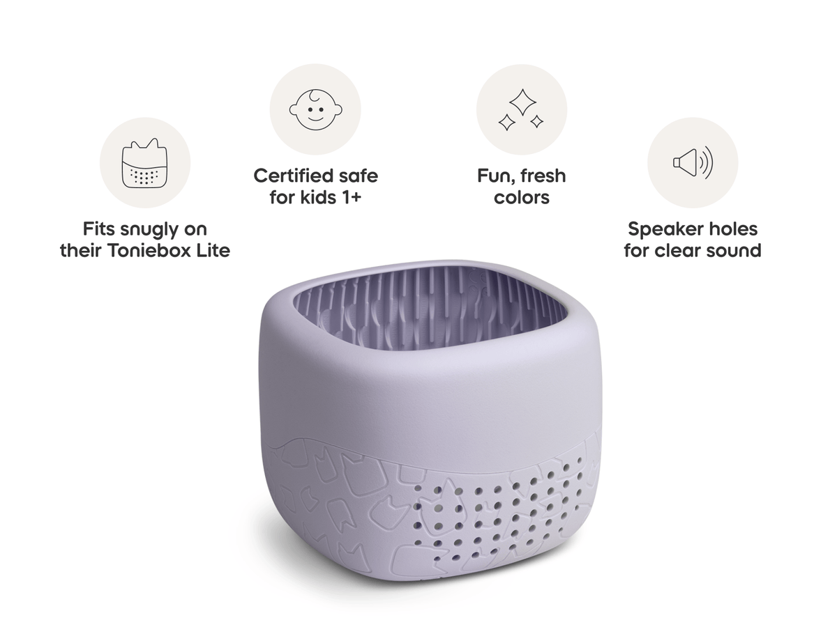Toniebox Lite Cover pastel lilac with product feature callouts