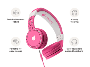 Pink wired headphones for kids are safe for little ears and comfy to wear