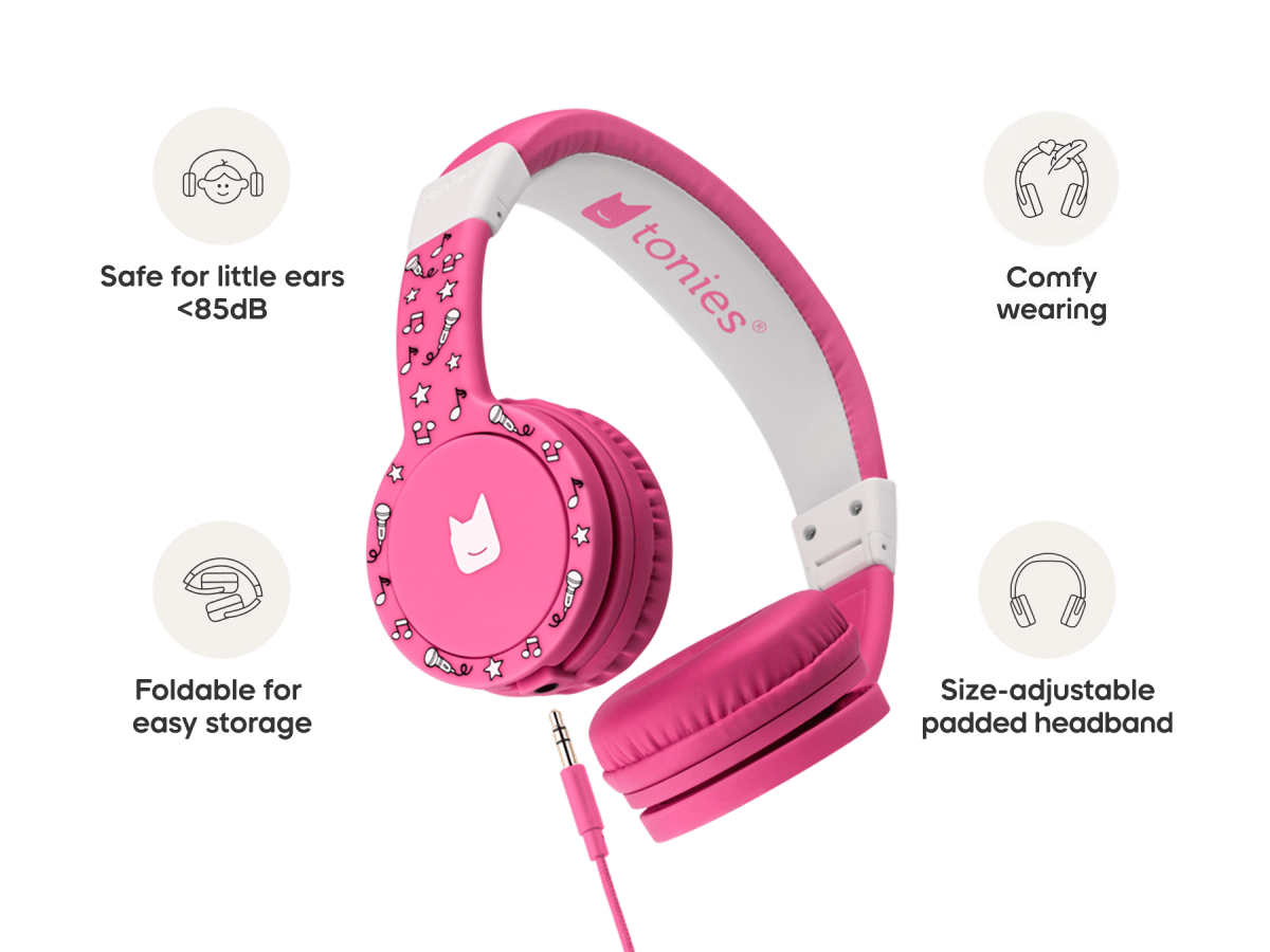 Pink wired headphones for kids are safe for little ears and comfy to wear