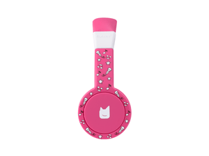 Side view of the pink wired headphones for kids with pulsating light illuminated