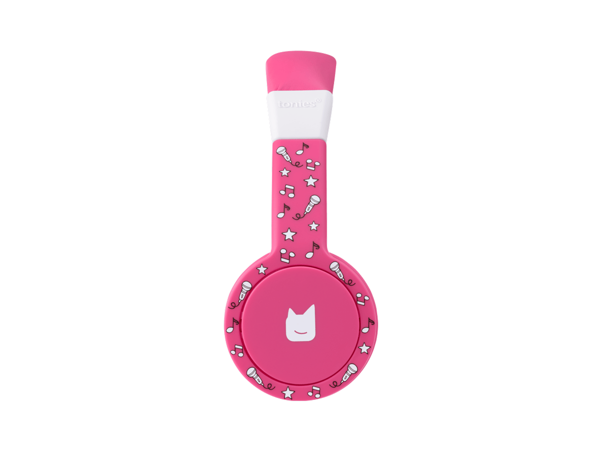 Side view of the pink wired headphones for kids with pulsating light illuminated