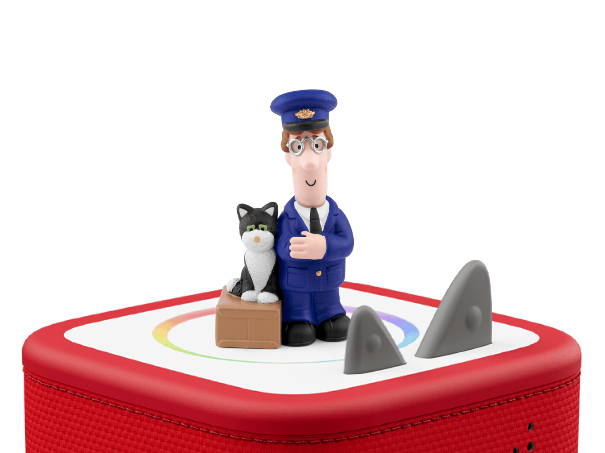 Postman Pat Tonie on a red Toniebox 2 ready to play audio stories and songs