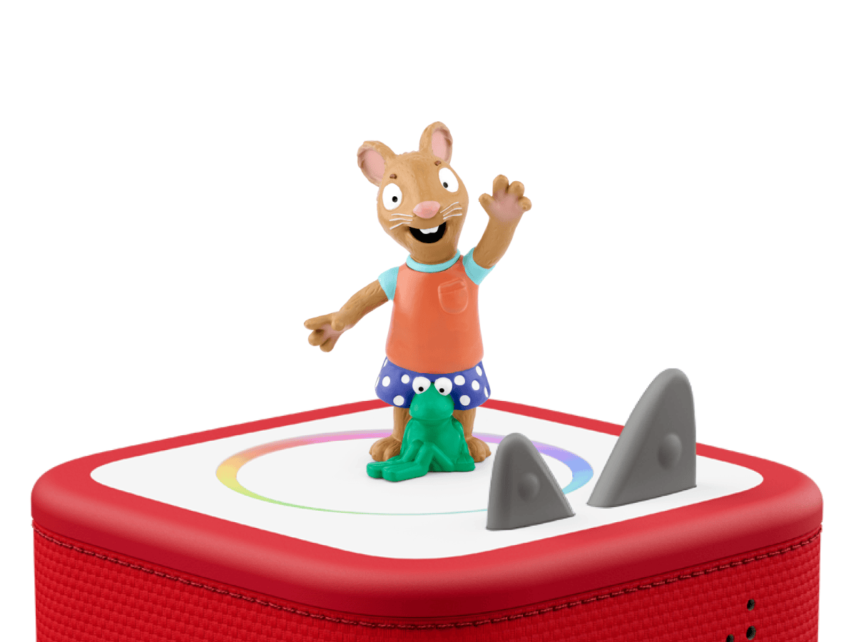 Pip and Posy on a red Toniebox 2 ready to play audio stories and songs