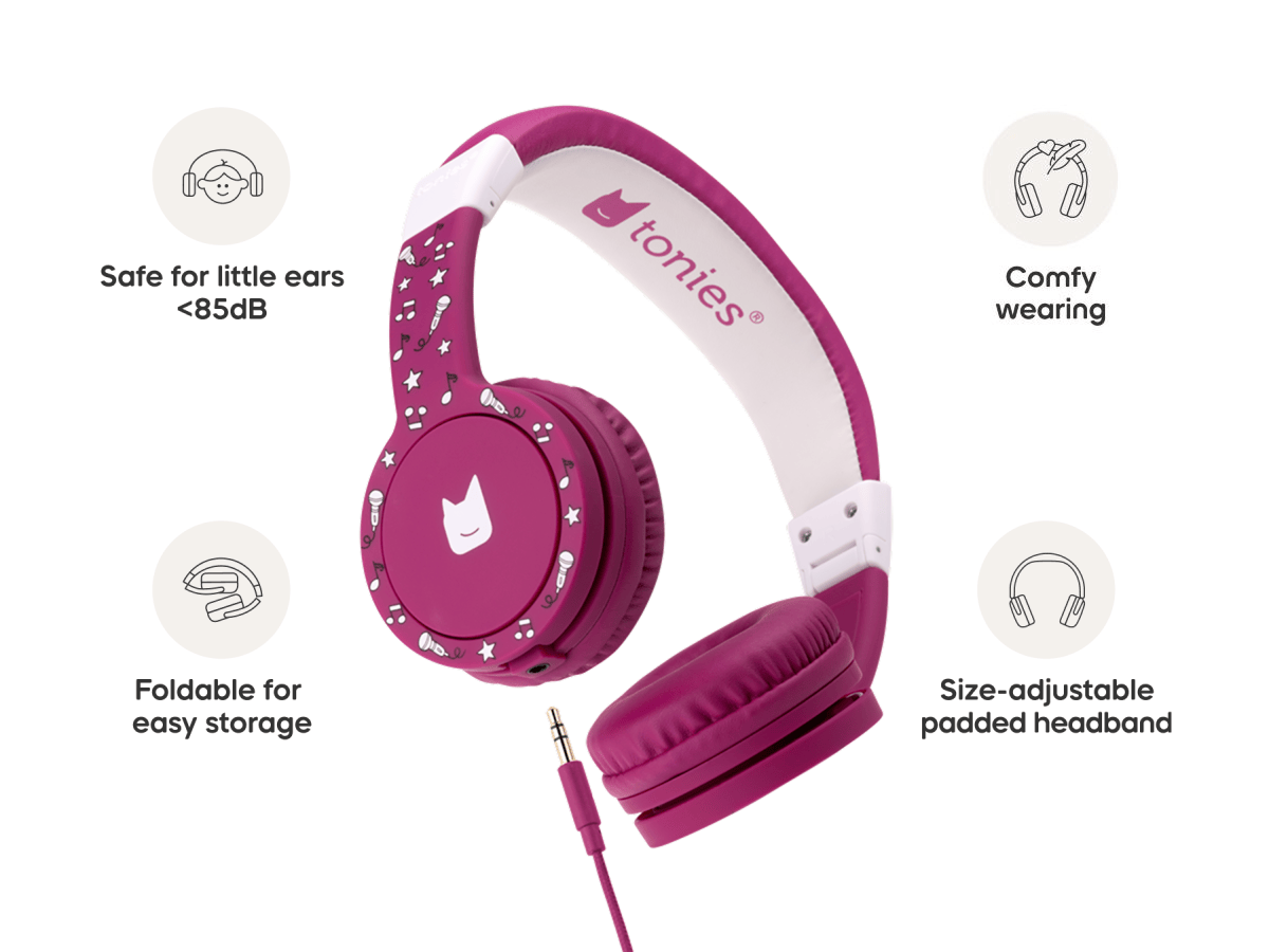 Purple wired headphones for kids are safe for little ears and comfy to wear