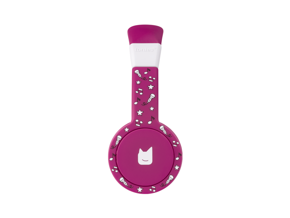 Side view of the purple wired headphones for kids with pulsating light illuminated