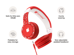 Red wired headphones for kids are safe for little ears and comfy to wear