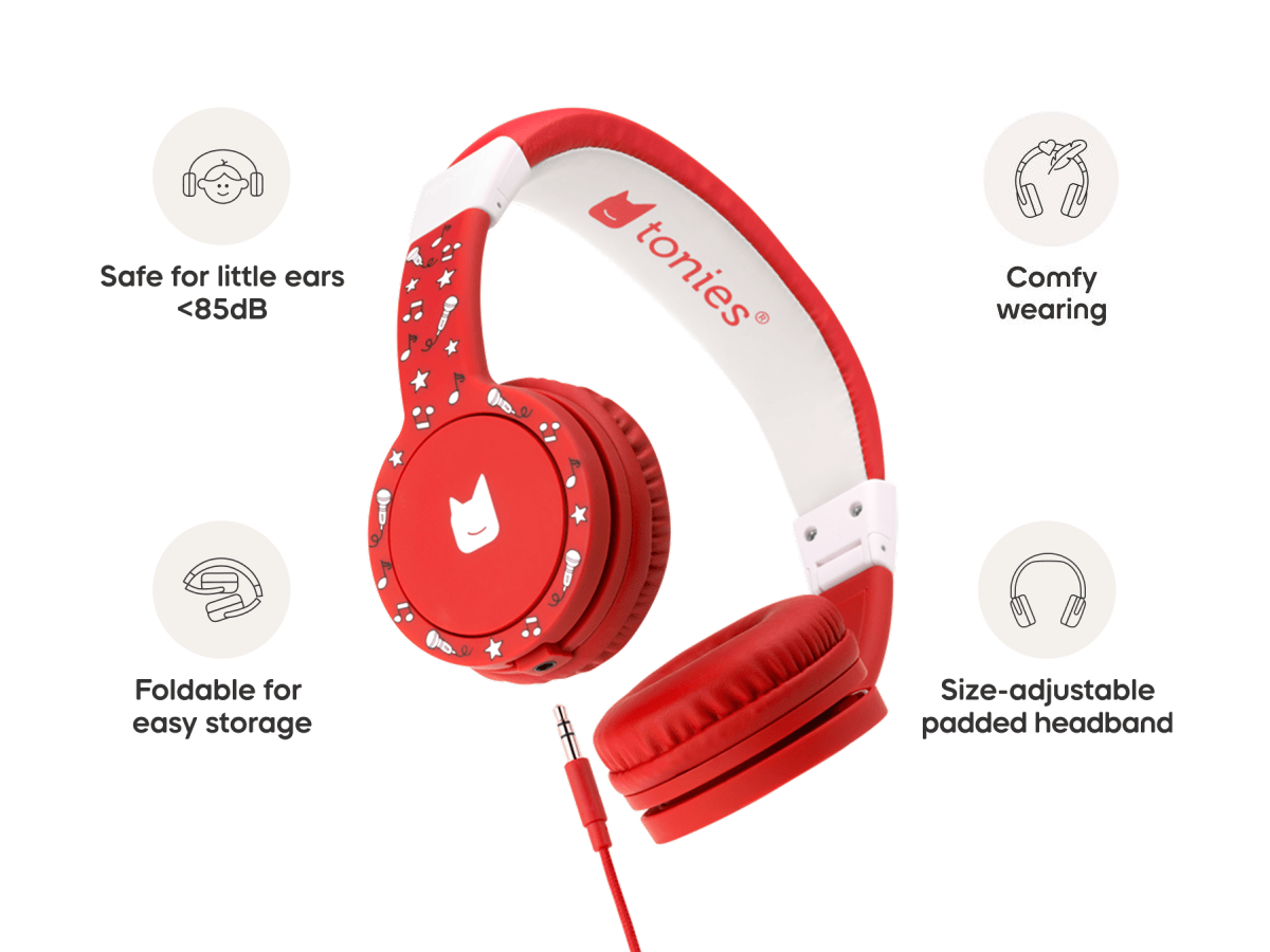 Red wired headphones for kids are safe for little ears and comfy to wear