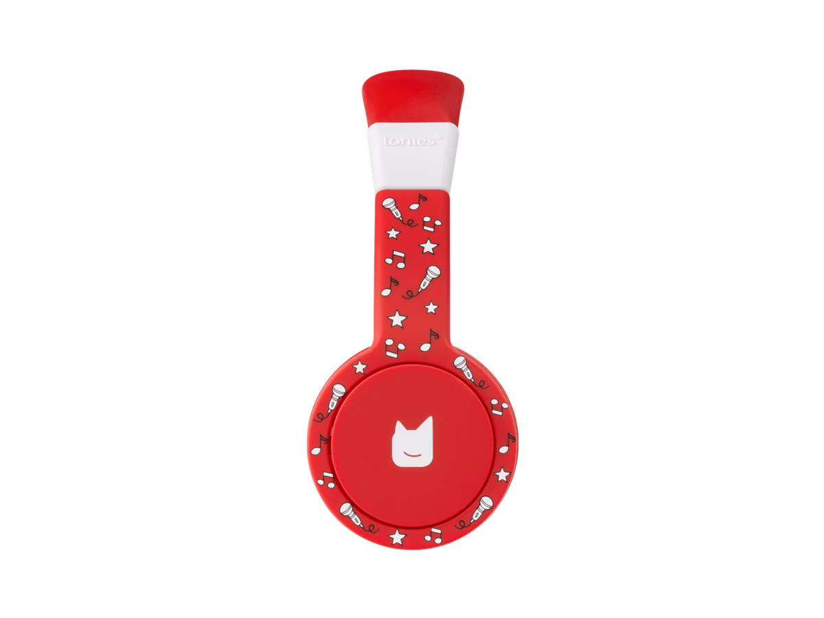 Side view of the red  wired headphones for kids with pulsating light illuminated
