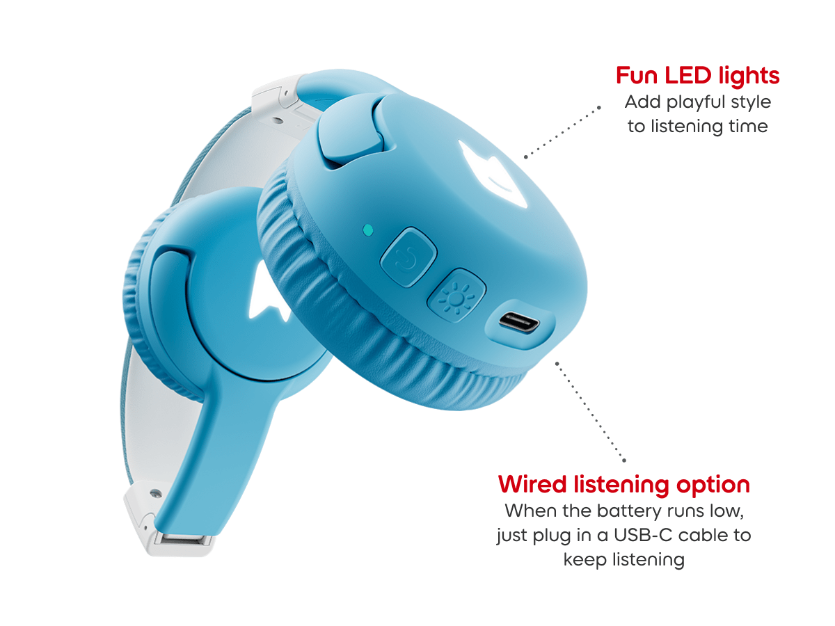 Close-up of ear pad on Sky Blue bluetooth headphones for kids, showcasing the USB-C charger and pulsating LEDs light