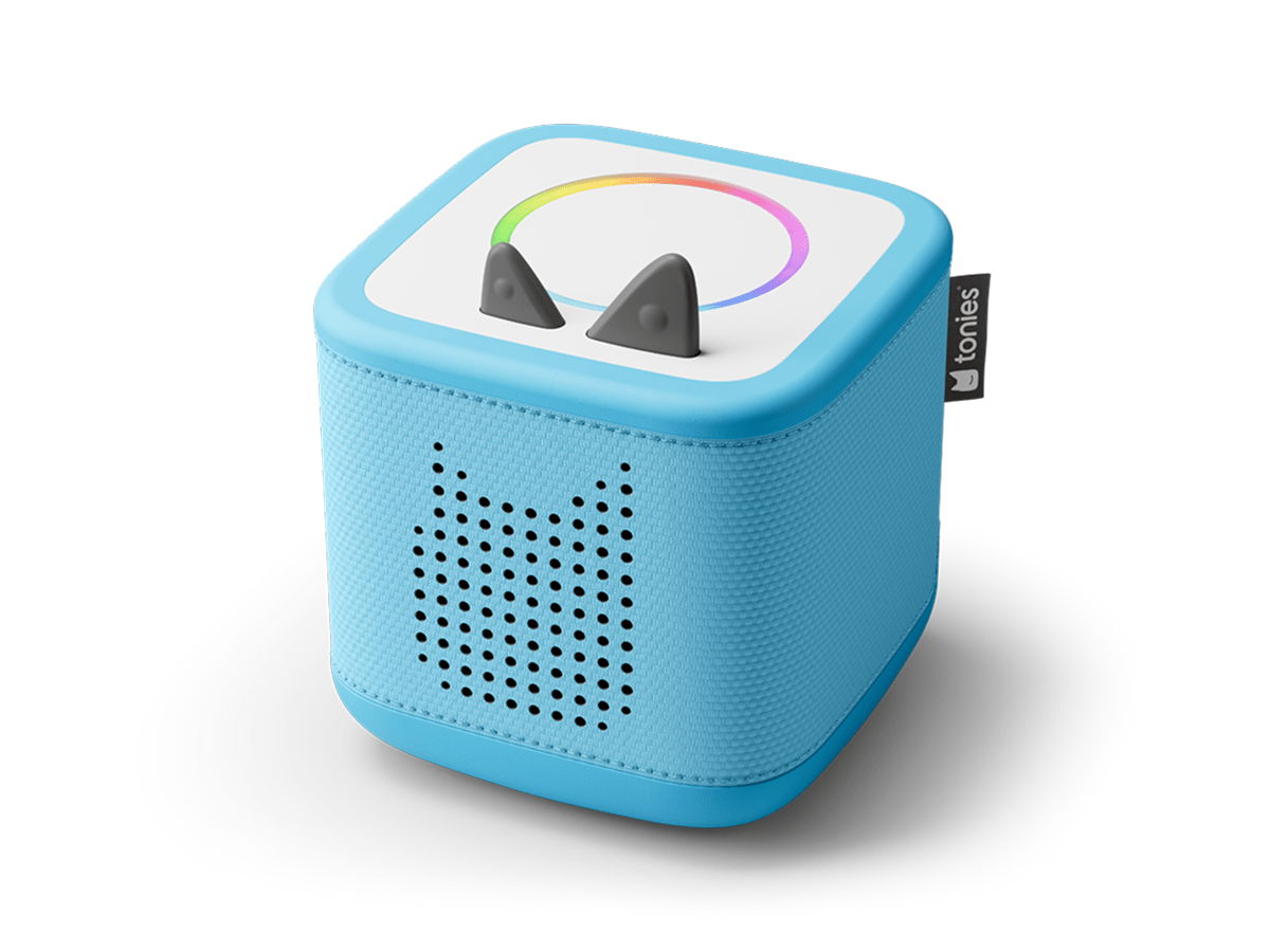 Top view of sky blue Toniebox 2 an audio player for kids, used with Tonie audio figurines and Tonieplay games