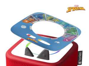Spider-man Neighbourhood Heroes Tonieplay Disc on a red Toniebox 2 an audio player for kids