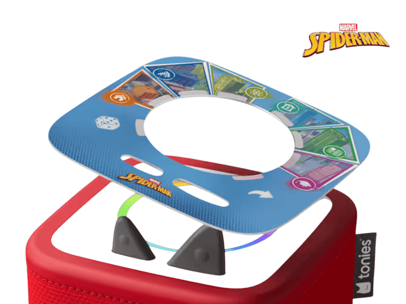 Spider-man Neighbourhood Heroes Tonieplay Disc on a red Toniebox 2 an audio player for kids
