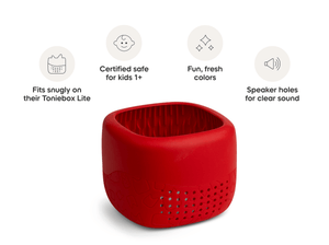 Toniebox Lite Cover sunset red with product feature callouts