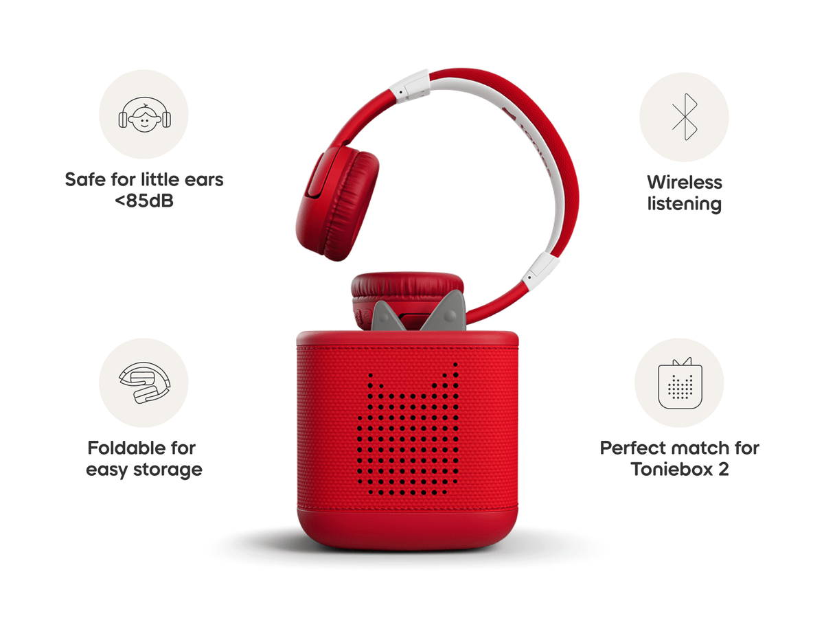 red bluetooth headphones for kids give little listeners the freedom to enjoy their stories without cords
