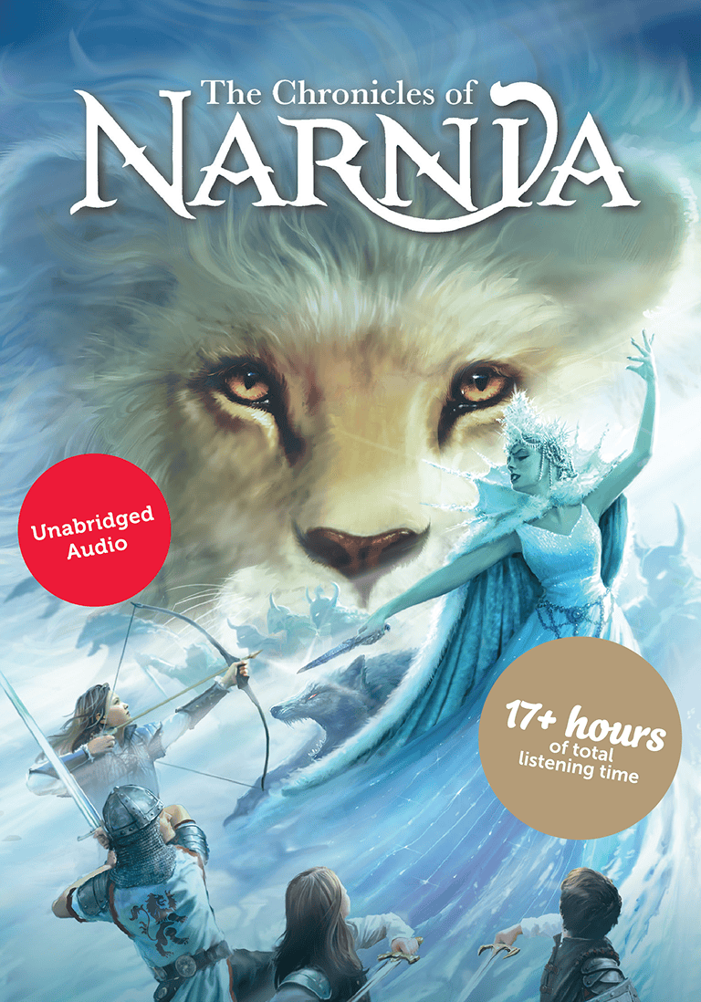 Cover of 'The Chronicles of Narnia' unabridged audio collection with a lion and fairy illustration. | Content Card