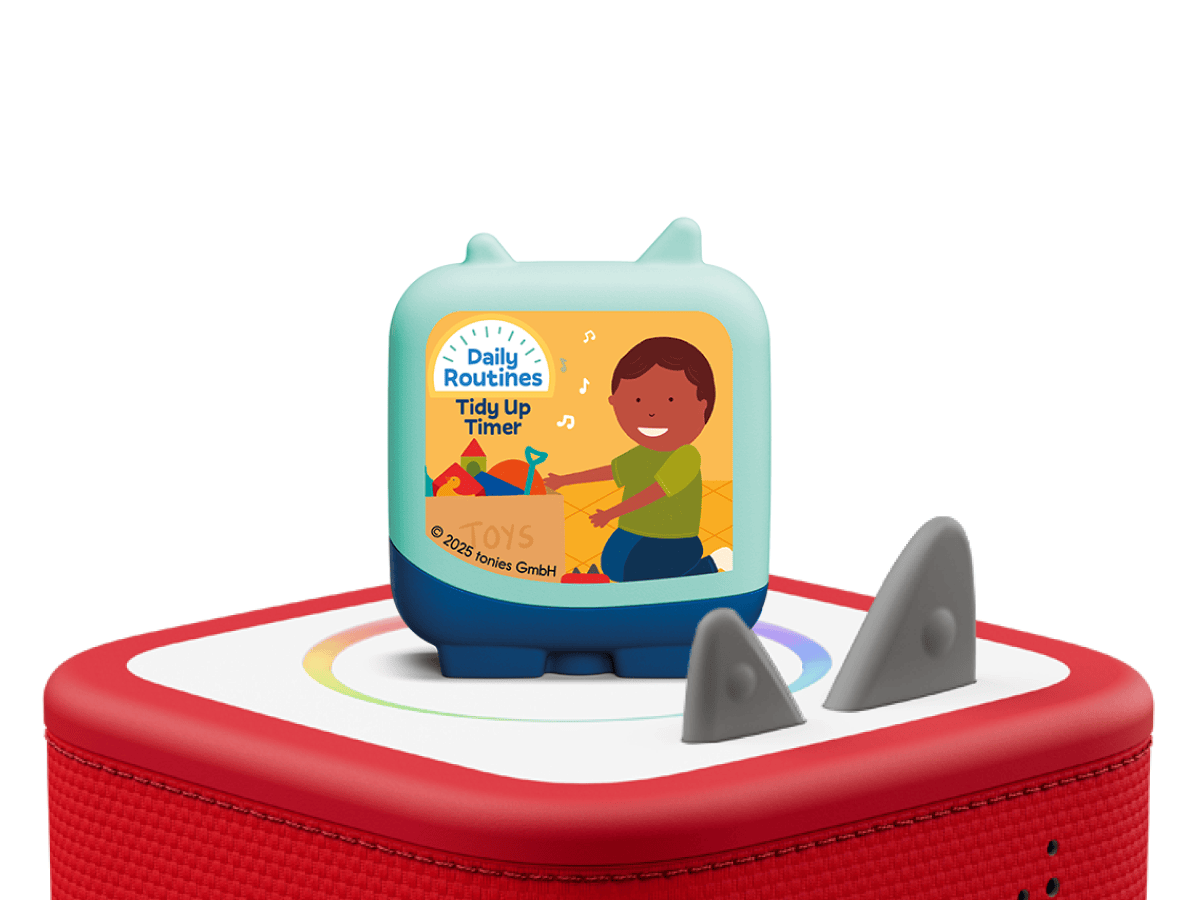 Daily Routines Tidy Up Timer Audio Clever Tonie Set on a Red Toniebox 2 ready to play audio stories and songs curated for older listeners