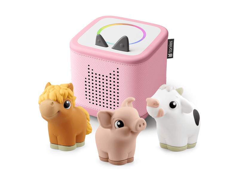Pink Toniebox 2, an audio player for kids with My Furst Tonies Farm Set audio figurines