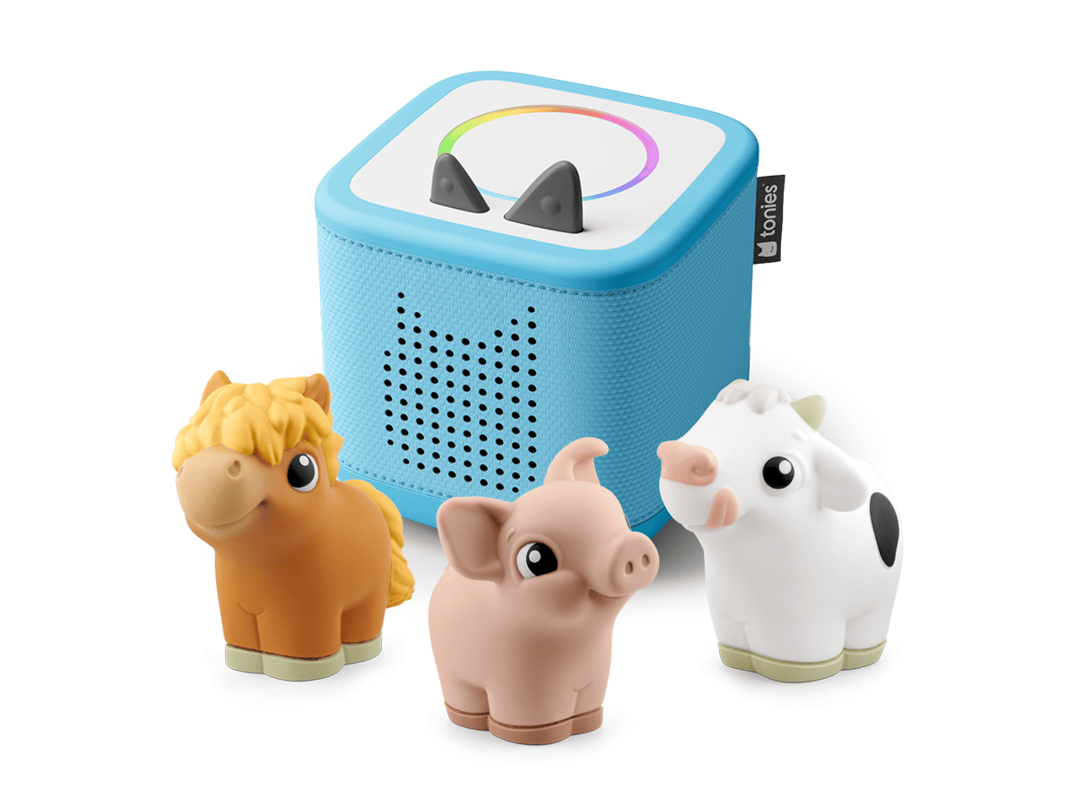Blue Toniebox 2, an audio player for kids with My Furst Tonies Farm Set audio figurines