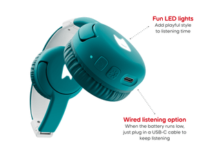 Close-up of ear pad on teal bluetooth headphones for kids, showcasing the USB-C charger and pulsating LEDs light