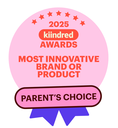 Award badge for 'Most Innovative Brand or Product' and 'Parent's Choice' from 2025 kiindred Awards on a pink background.